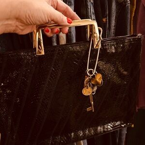 Vintage Black Snakeskin Leather Handbag with Gold Handles